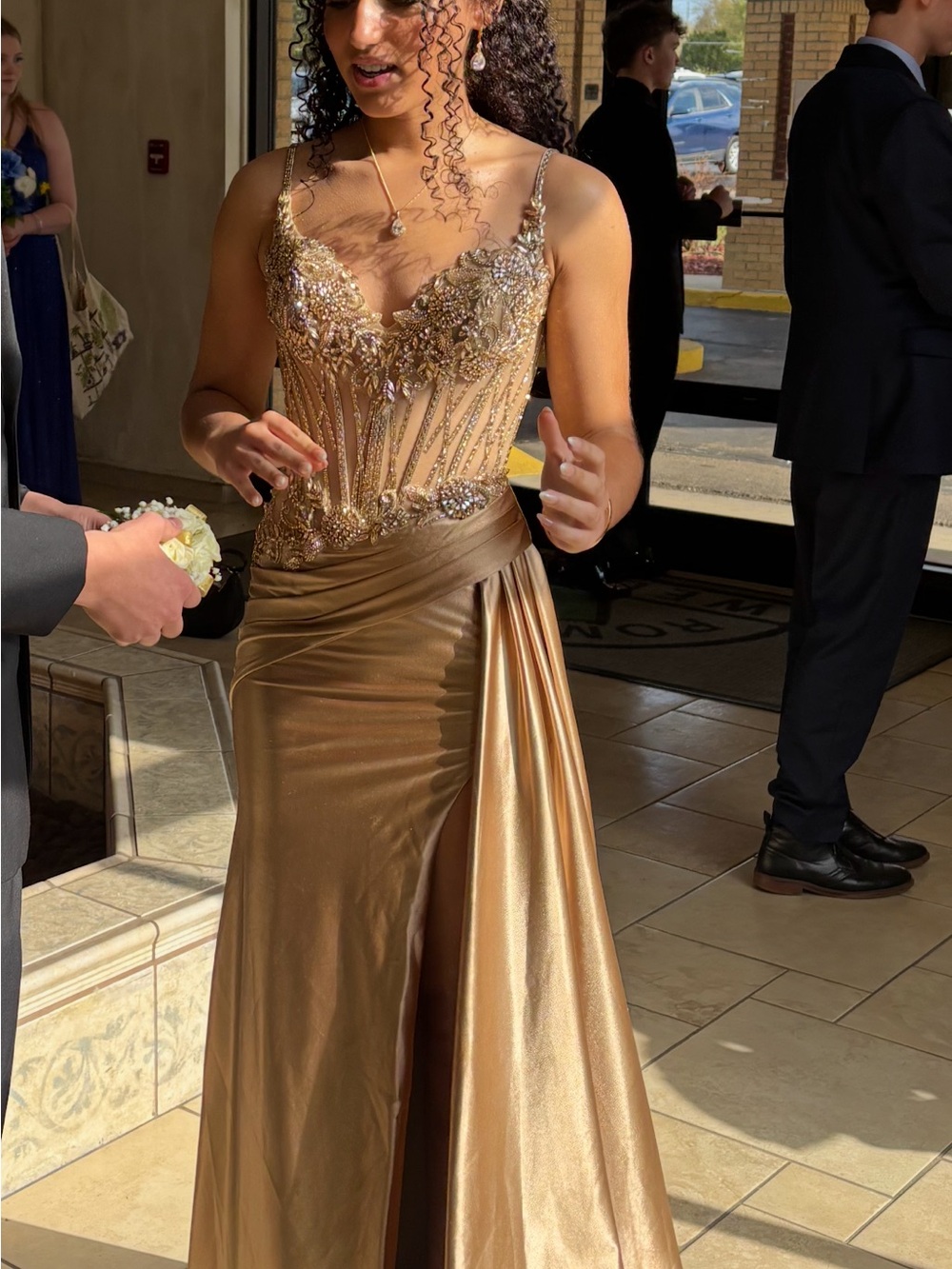 Embellished Gold Prom Dress with Draped Skirt